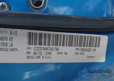 2015 Dodge Dart Se z USA, uszkodzony, nr VIN 1C3CDFAAXFD421760